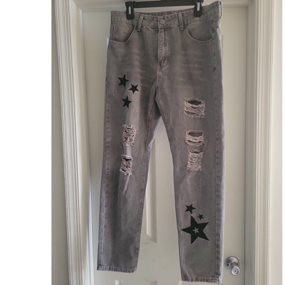 Mens Grey Distressed Star Patch Straight Leg Jeans Size 36 Streetwear Ripped
